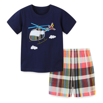 21 Europe and America style children Short sleeved suit summer New products Boy suit Knitted Cotton Cartoon Two piece set