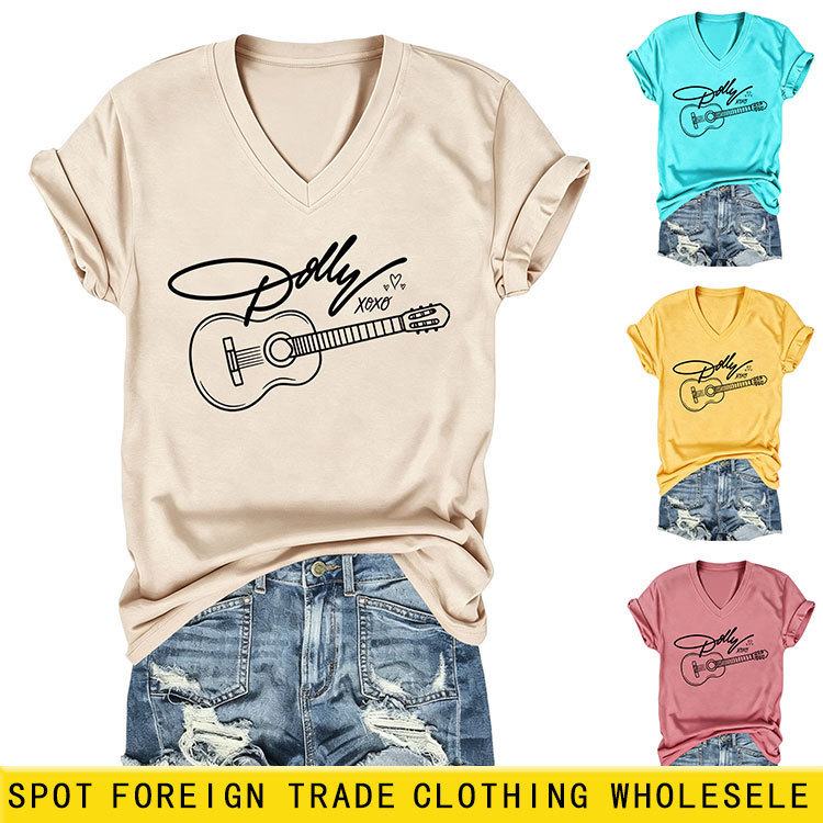 Amazon eBay independent site casual fashion women's dolly xoxo heart guitar V-neck short-sleeve T-shirt Amazon eBay independent site casual fashion women's dolly xoxo heart guitar V-neck short-sleeve T-shirt