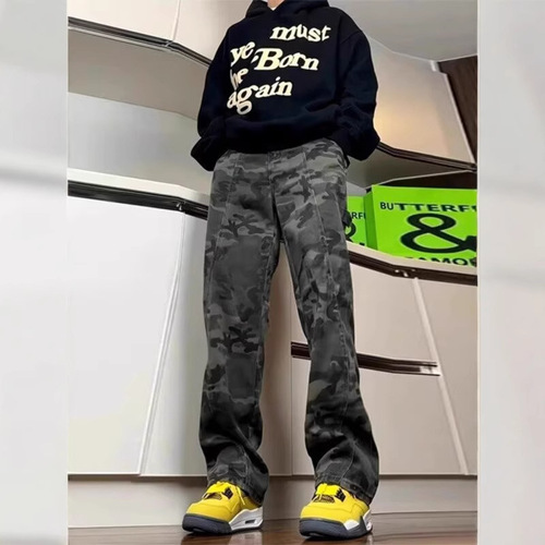 Army Green Camouflage Jeans for Men - Autumn/Winter Logging Worker Pants - American Street Style Straight Leg Casual Long Pants