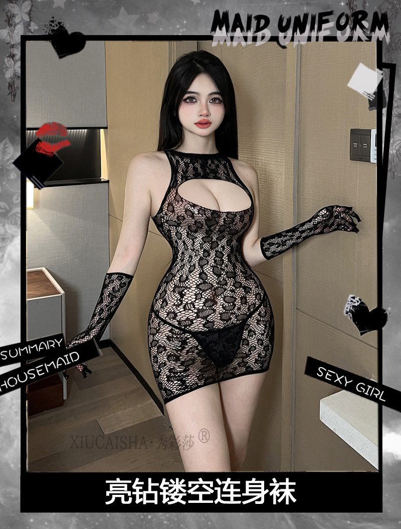 Plus Size Fishnet Lingerie Set with Gloves, Pink Mesh Mini Dress and Stockings — detail image 2