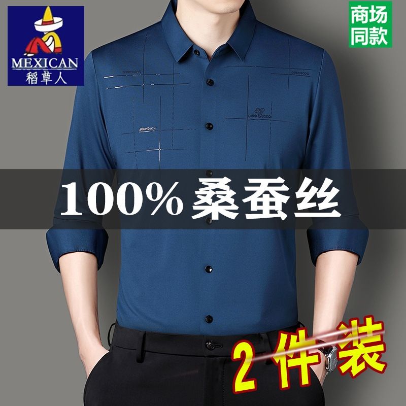 Scarecrow 2025 Spring and Autumn New Long-Sleeved Shirt Men's Seamless No-Iron Loose Casual Mulberry Silk Shirt