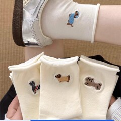 腊肠狗中筒袜子女春夏季ins卷边中筒袜袜韩版堆堆袜卡通新款可爱