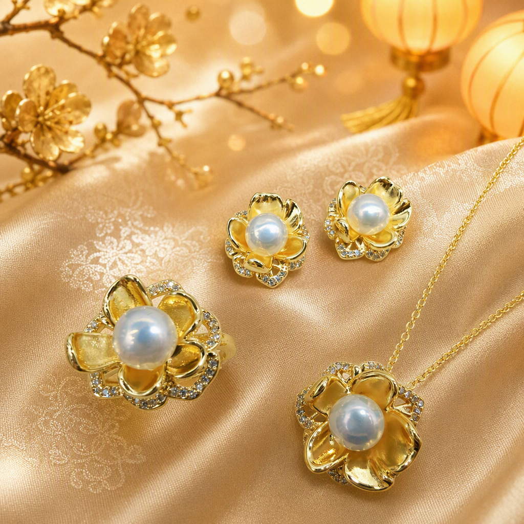 Flourishing New Year Collection Natural Pearl Set 2026 New Versatile Freshwater Pearl Earrings, Pendant, and Ring