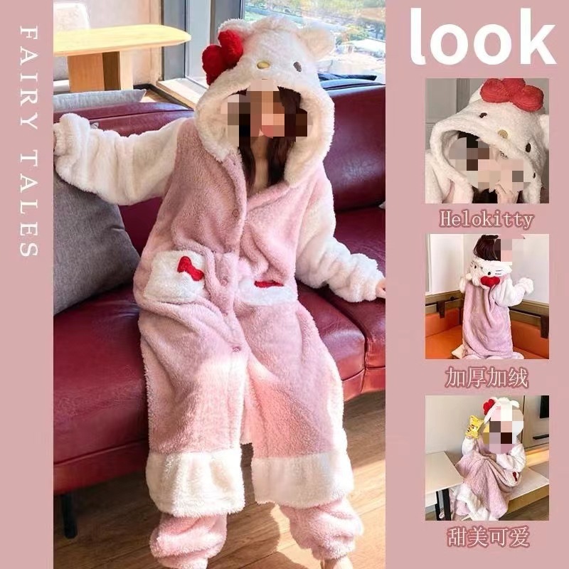 卡通睡衣米奇珊瑚绒斗篷加厚连帽睡袍KT猫斗篷情侣家居服一件代发|undefined