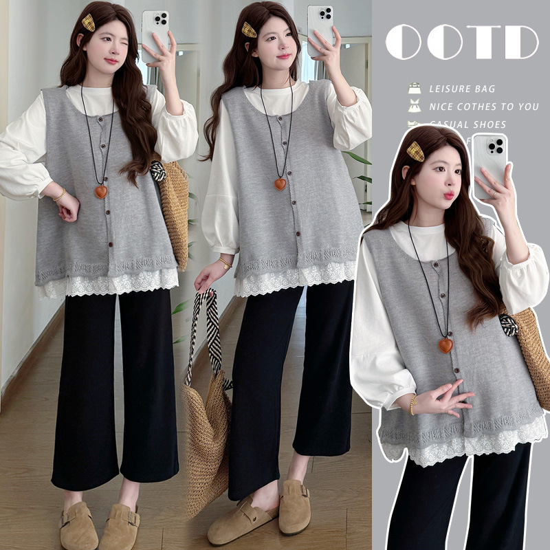 2026 New Spring Maternity Cotton T-Shirt Casual Loose Long-Sleeved + Korean-Style Lace Splicing Knitted Vest Maternity Set 2026 New Spring Maternity Cotton T-Shirt Casual Loose Long-Sleeved + Korean-Style Lace Splicing Knitted Vest Maternity Set