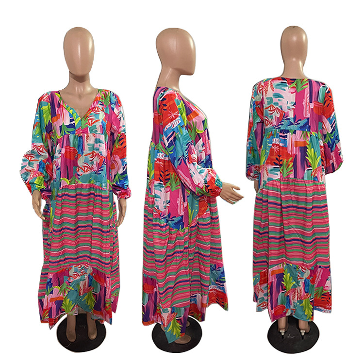 Printing Design Vintage Style Style Wholesale Women's Vintage Style Printing Color Block Daily V Neck Long Sleeve Swing Dress