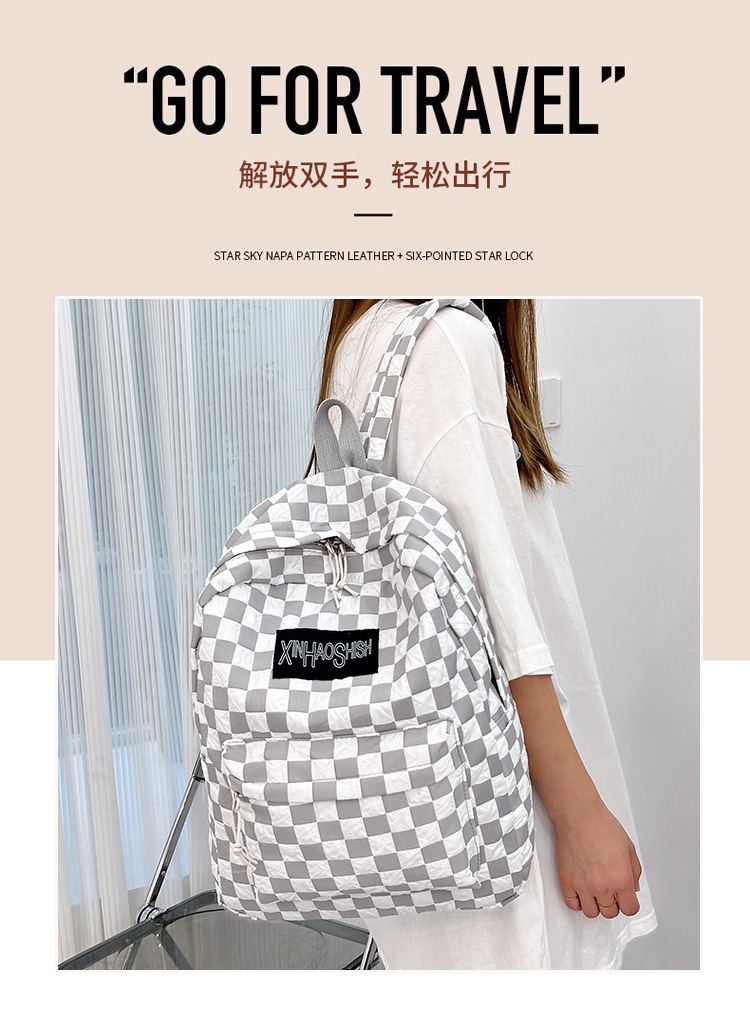 Korean ins artistic trend checkerboard checkered backpack, Japanese Harajuku style fresh and clean high school and junior high school student bag details Picture