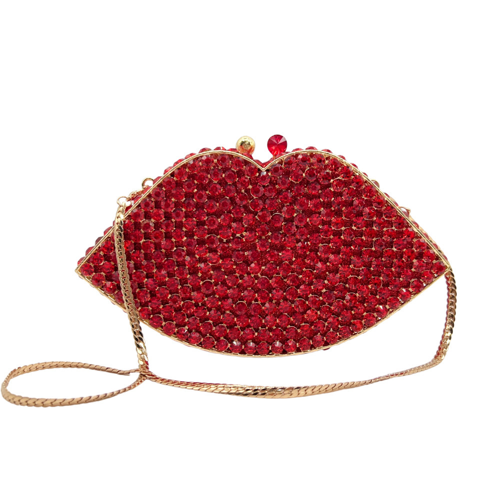 * Nuevos labios rojos transfronterizos bolsas de cena de diamantes hechas a mano metal hueco lleno de diamantes bolsas de banquete de mano de mujer