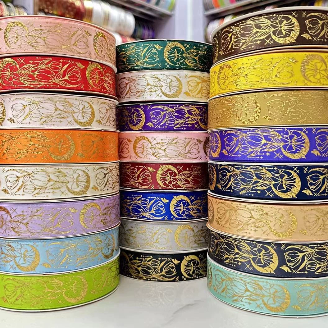 Лента с лазерным золотым эффектом, шириной 2,5 см, с рисунком бабочки и тюльпана, для рукоделия, бантов, упаковки подарочных коробок.