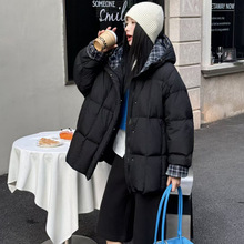 高端90白鸭绒中长款格子拼接羽绒服女2025冬季加厚大码宽松外套潮