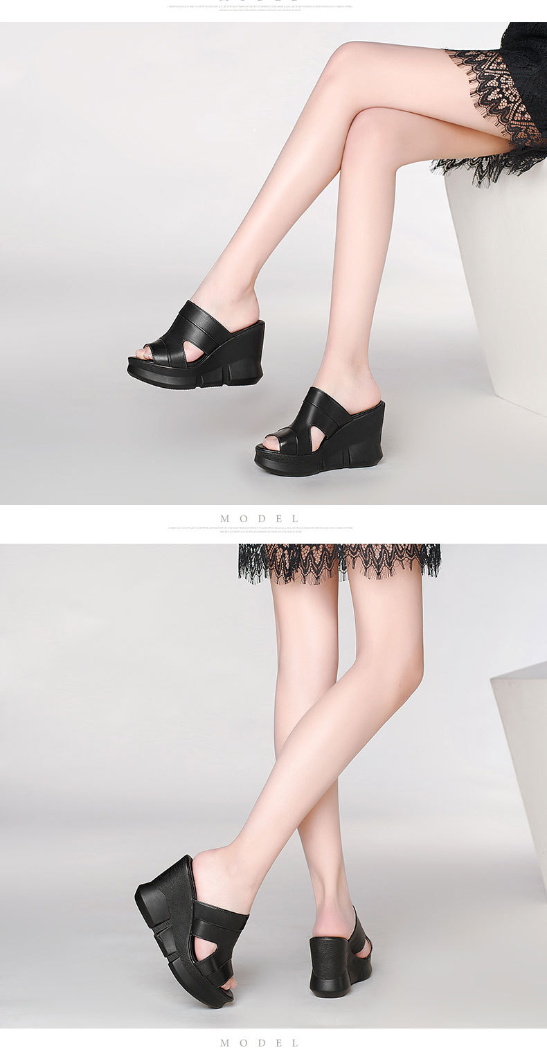 Sandal nữ da bò mũi cá gót xuồng cao đế dày phong cách mới xuân hè — Màu đen chi tiết 9