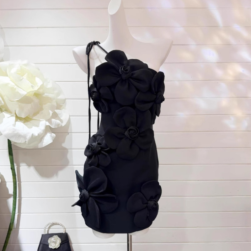 2026 Summer High-Waisted A-Line Short Skirt, Sleeveless, Collarless, 3D Floral Polyester Dress, Elegant and Sexy Style