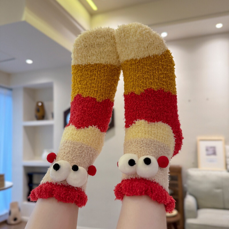 Cute Coral Fleece Sleep Socks for Women, Christmas Plush Autumn and Winter Mid-Tube Socks, Cute Cartoon Sleep Socks
