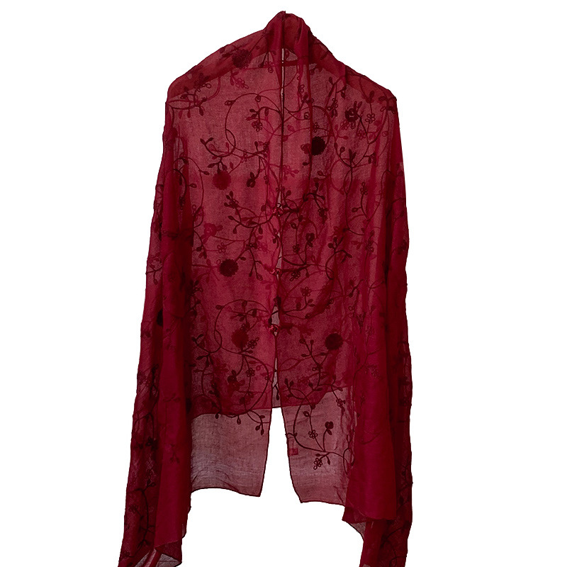 Bordado de alta costura verano nuevo estilo estilo étnico protector solar chal con capucha ocio estilo antiguo fotografía de viaje bufanda de seda fina exterior