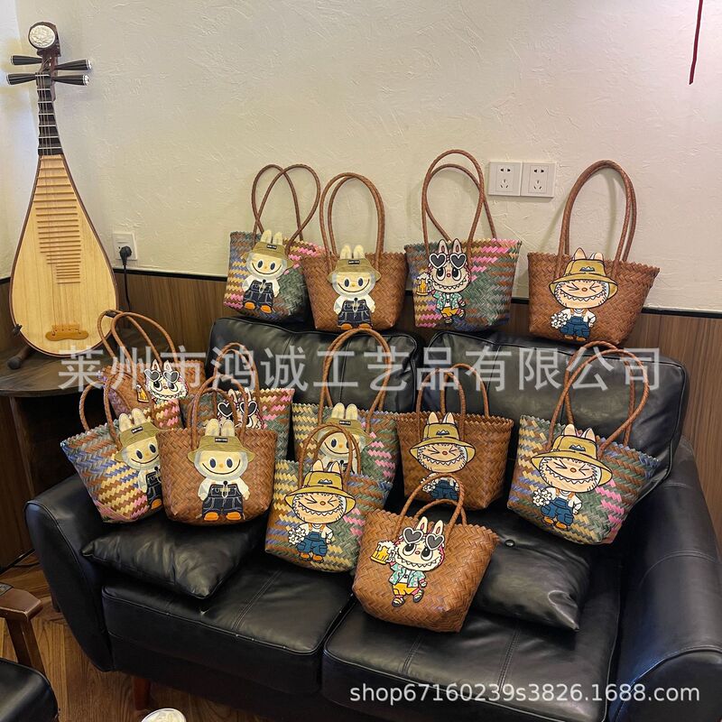 Large-Capacity Cloth Imitation Rattan Woven Vegetable Basket Bag Picnic Bag Satchel Shoulder Bag Work Sundries Small Tote Bag for Women