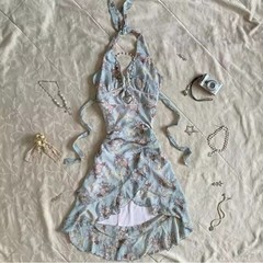 2025 夏ホットスタイル海辺リゾートスタイル写真撮影花柄フリルホルターネックドレス女性用