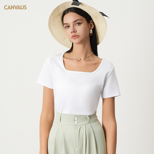 CANVAUS Korean version short-sleeved square collar shoulder T-shirt for women new simple casual basic solid color versatile top summer