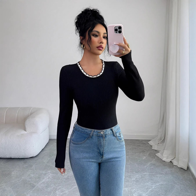 European and American 2025 Spring Cross-Border Women's Knitted Black Patchwork Lace-Trimmed Long-Sleeve Fitted Textured Ribbed Top European and American 2025 Spring Cross-Border Women's Knitted Black Patchwork Lace-Trimmed Long-Sleeve Fitted Textured Ribbed Top