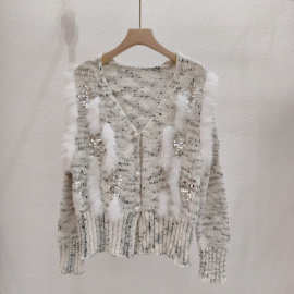 v领亮片针织开衫秋季新款女名媛风软糯上衣毛茸外搭短款毛衣外套