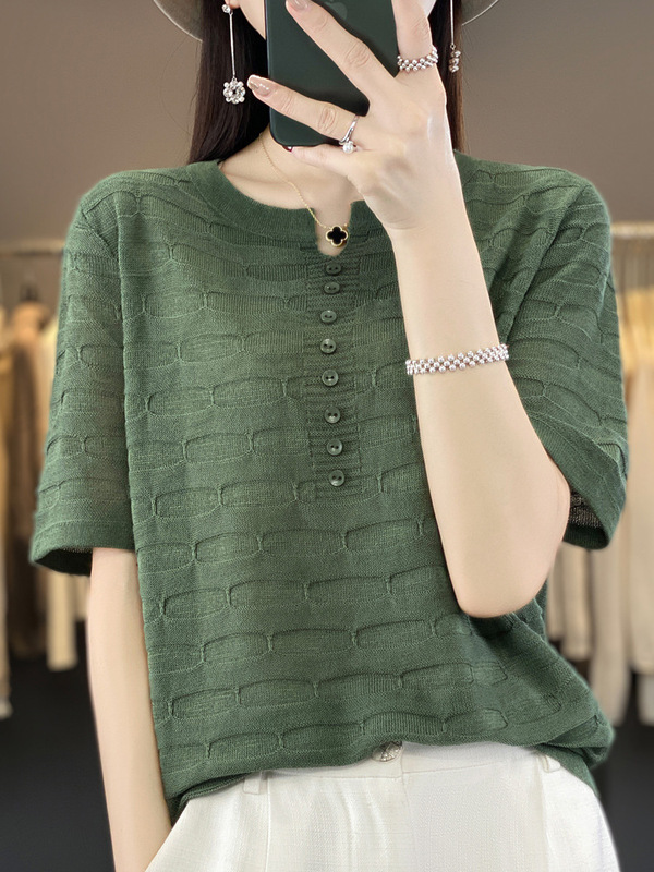 Slub Ice Silk Top All-match Solid Color Knitted Sweater Summer Loose Slimming plus size Round Neck Thin Breathable Comfortable