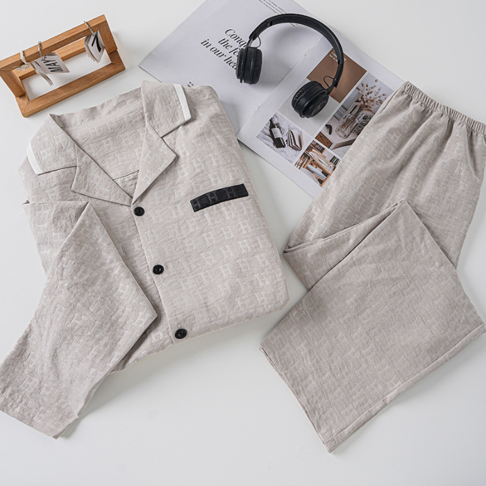 2025 nuevo jacquard nube algodón hombre pijama primavera y otoño pantalones de manga larga simple ropa de casa de verano