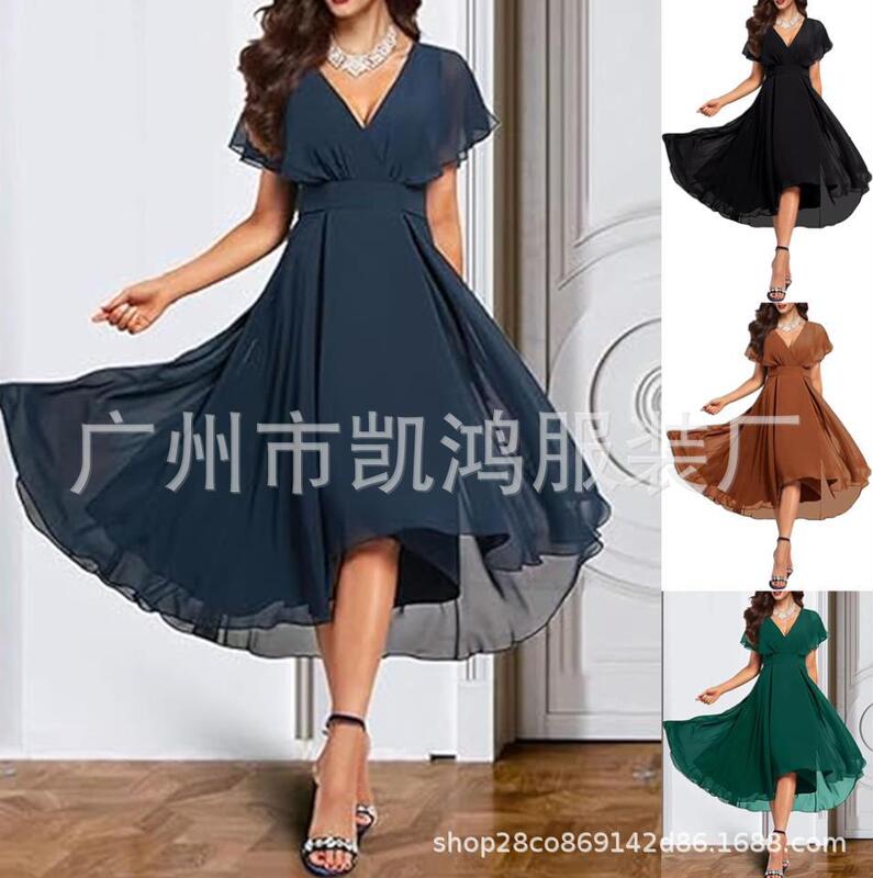 2026 Cross-Border European and American New Style Elegant and Fashionable Guest Party Wedding Guest Dress Chiffon Solid Color Dress
