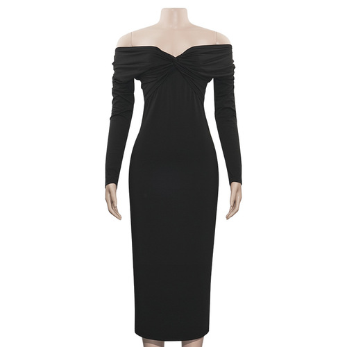 A658DS European and American Autumn Solid-Color V-Neck Sexy Slim-Fit Long-Sleeve High-Waist Bodycon Dress