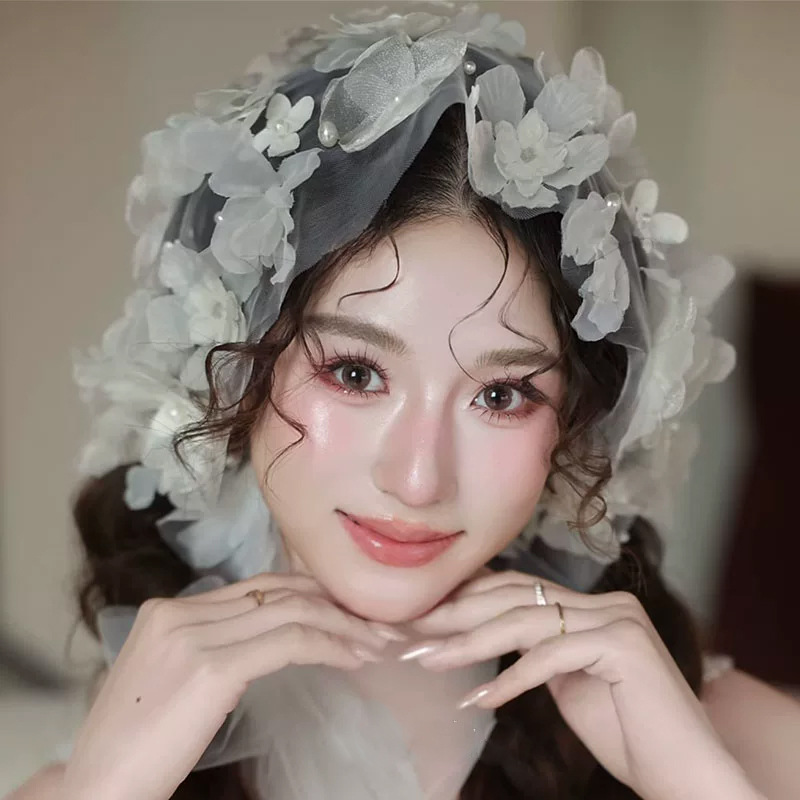 French-style girlish floral triangle headscarf, small veil, bridal hair accessory, ultra-fairy and forest-themed outdoor photo prop