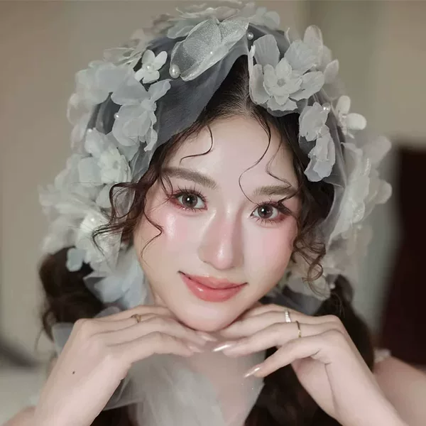 French-style girlish floral triangle headscarf, small veil, bridal hair accessory, ultra-fairy and forest-themed outdoor photo prop