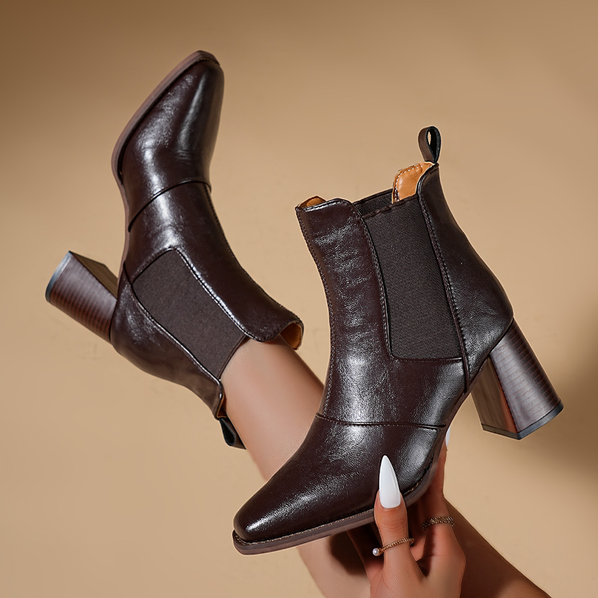 Women's Plus Size High Heeled Fashion Boots Chunky Heel Square Toe Elastic Cuff Martin Boots Winter New Style_voghion.com