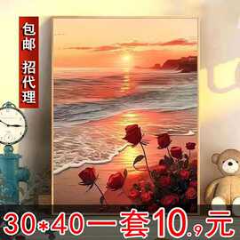 diy数字油画玫瑰手工填色油彩画治愈手工简约花卉客厅装饰画挂画