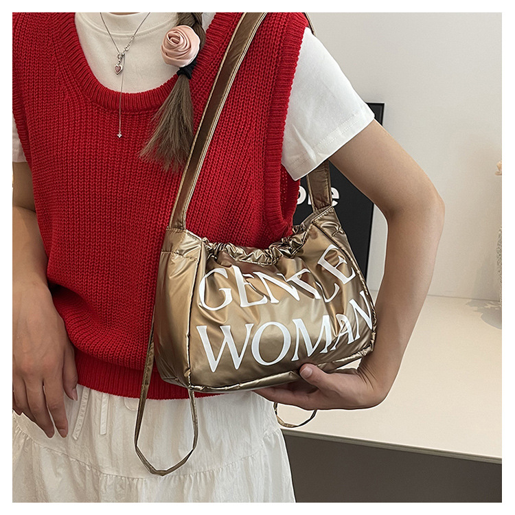 Candy colored new letter printed drawstring shoulder niche design dumpling women's armpit bag_voghion.com