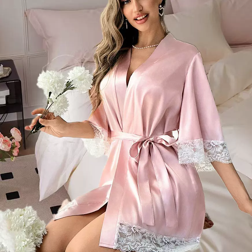 跨境欧美新娘浴袍伴娘礼物睡袍中袖长款蕾丝花边睡衣系带休闲睡袍