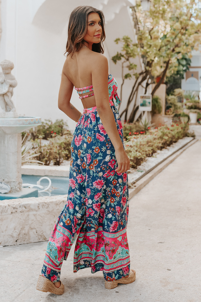 wrap chest hollow backless wide-leg floral jumpsuit NSJRM125271