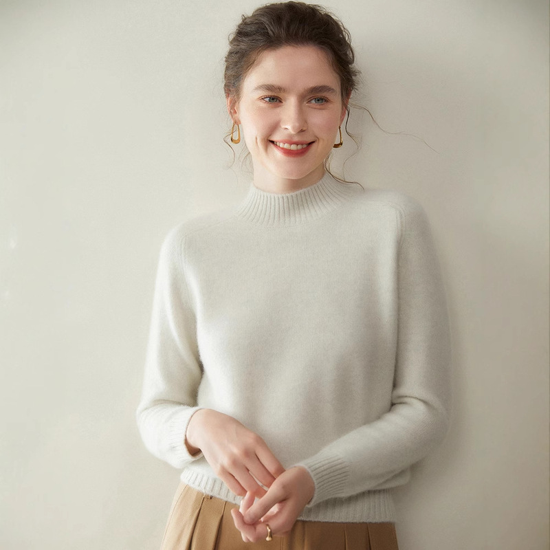 Seven-Stitch Double-Strand Front Saddle Shoulder Back Raglan Half-High Collar Cashmere Women's Long-Sleeve Loose Thick Versatile Elegant Knit