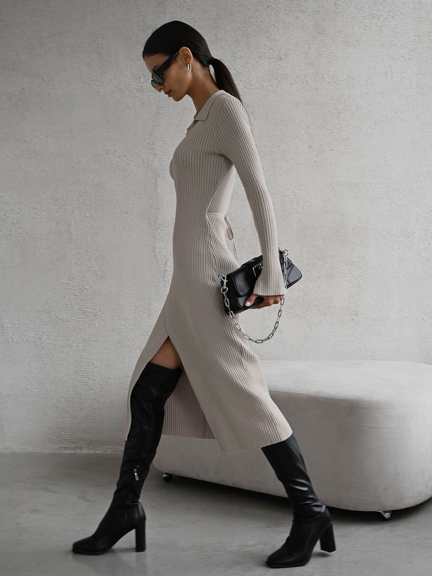 Fashion Solid Color V Neck Long Sleeve Spandex knit Maxi Long Dress A-Line Skirt