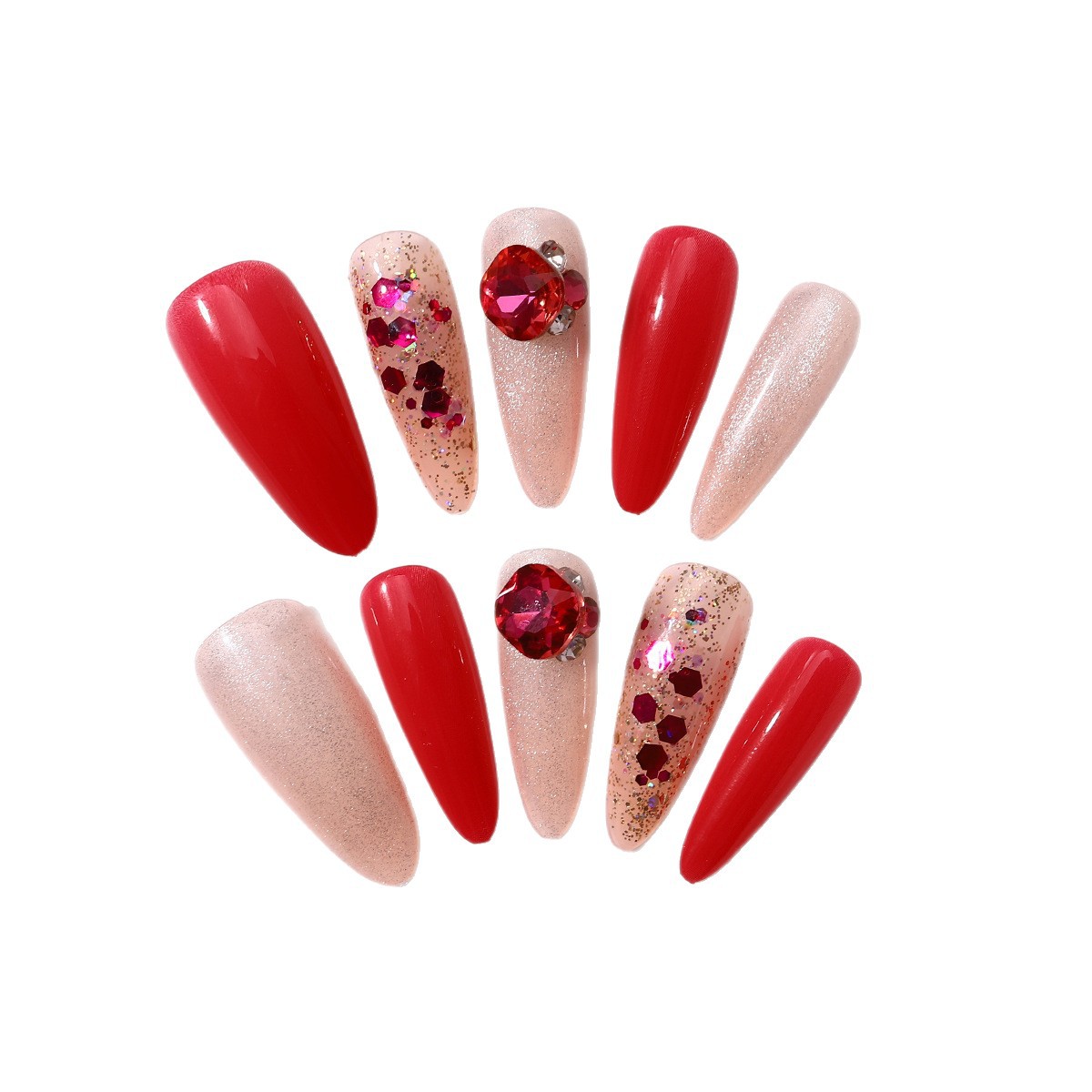 Manicura portátil, sensación de alta calidad, uñas, uñas, brillo de color fruta del dragón, uñas postizas largas de flores de almendra al por mayor