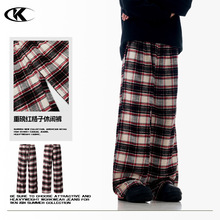 11KN美式拼色红格抽绳直筒休闲裤男女中性纯棉慵懒风纯棉显瘦长裤