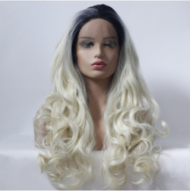 Peluca de moda europea y americana, color, degradado negro, beige, ondulado, cabello largo y rizado, gancho de media mano, encaje frontal de fibra química LW0032