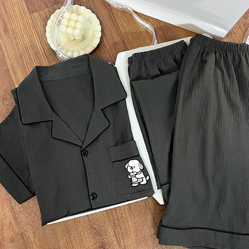 Pijamas de verano para hombres simple ocio dibujos animados perros bordados nubes sólidas algodón ropa de hogar tres piezas conjunto de cabello