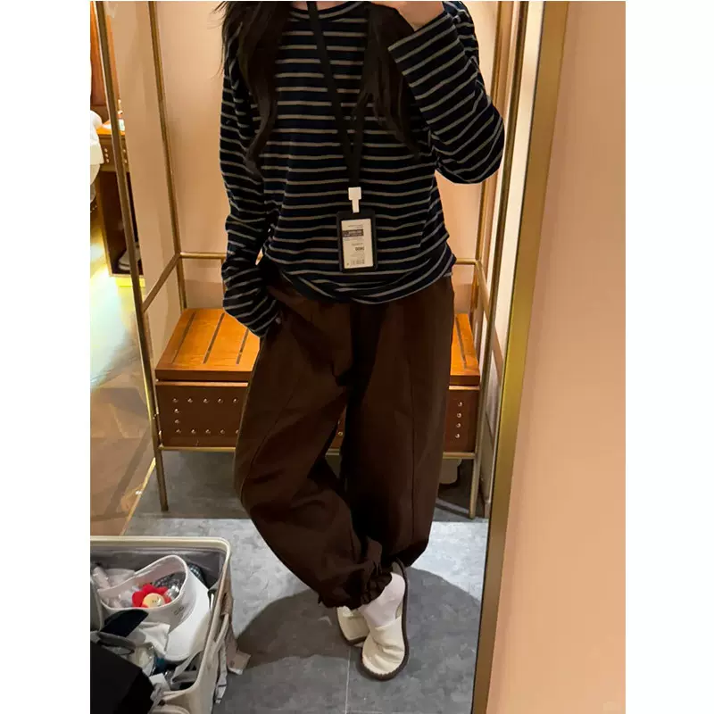 日系休闲套装女春秋冬新款复古慵懒风条纹短袖阔腿花边长裤两件套
