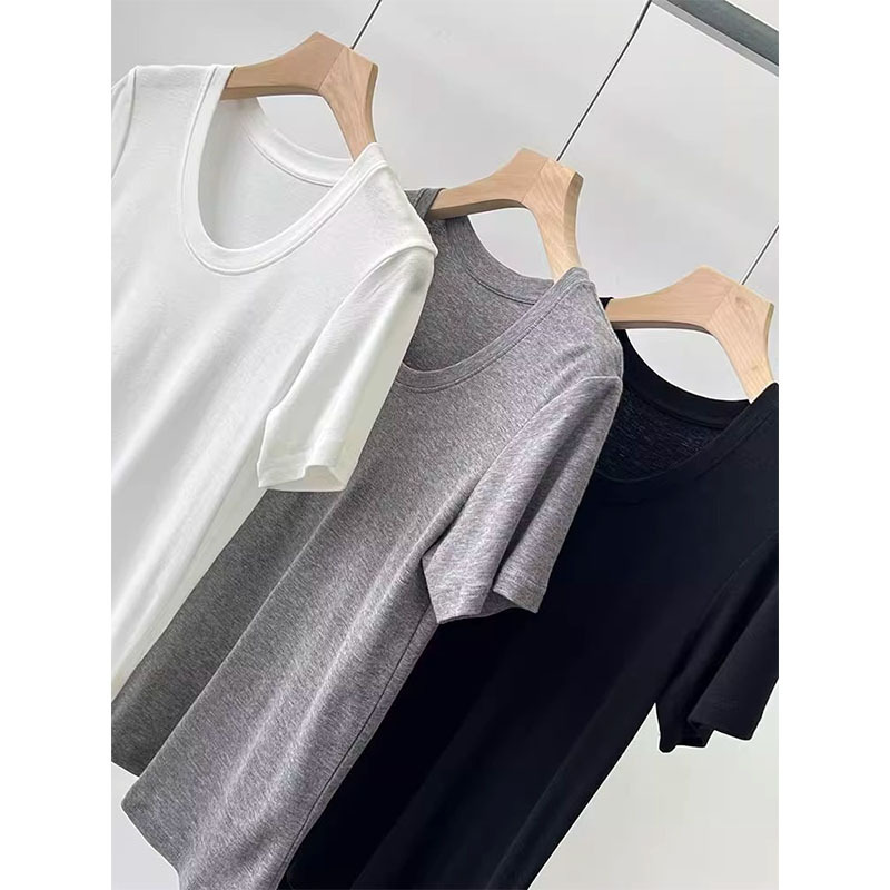 Cozy somatosensory ~ spring and summer wool Tencel retro design large round neck solid color sweater short sleeve light T-shirt for women