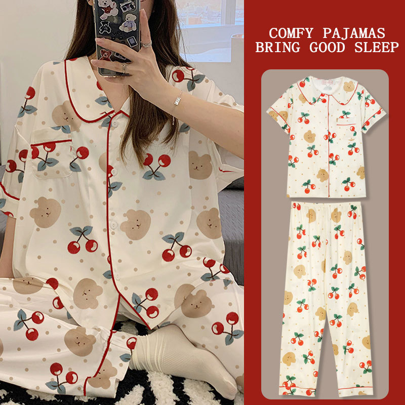 Doll Collar Pajamas Women's Short-Sleeved Pants Cherry Bear Cartoon Japanese Style Internet Celebrity Girl Summer Home Wear Set