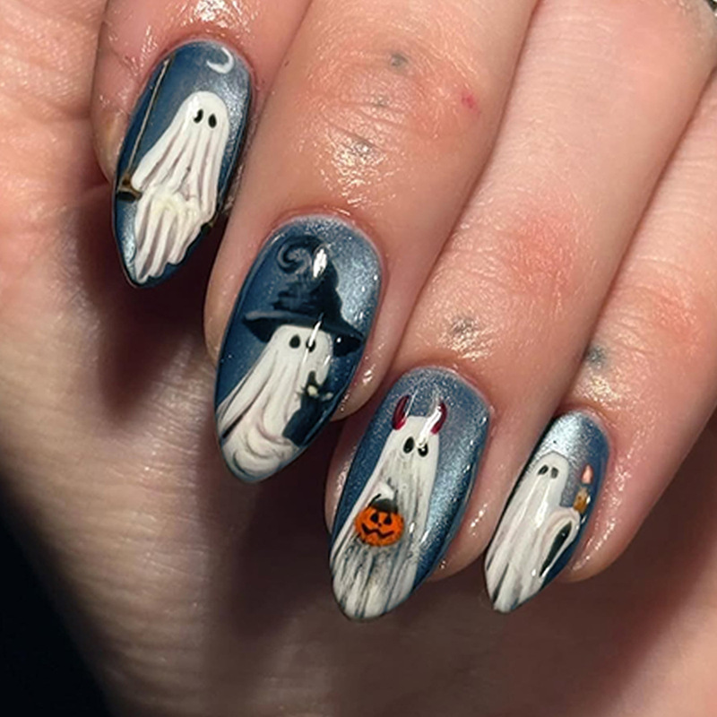 Cross-Border Halloween Cat-Eye Nail Art Dark Night Cute Ghost Almond-Shaped Halloween Wearable Nails Fake Nails Cross-Border Halloween Cat-Eye Nail Art Dark Night Cute Ghost Almond-Shaped Halloween Wearable Nails Fake Nails