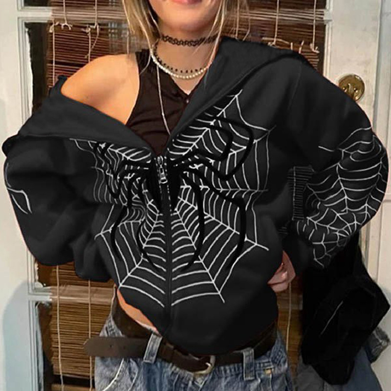Neuer grenzübergregender europäischer & amerikanischer INS Herbst-Winter Streetwear Hoodie mit Spinnennetz-Print und durchgehendem Reißverschluss für Damen – Detail 3