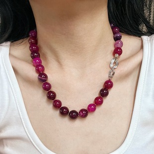 New Chinoiserie National Style Retro 12mm Natural Rose Red Chalcedony Agate Clavicle Chain Necklace Women's Work Clothing Style