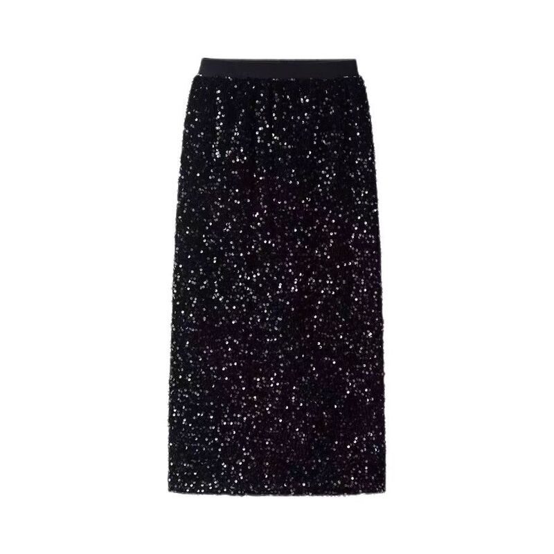 This Year's Women's Winter Glitter Velvet Slit Skirt High Waist Spring and Autumn Popular Sequin Skirt Black Long Skirt
