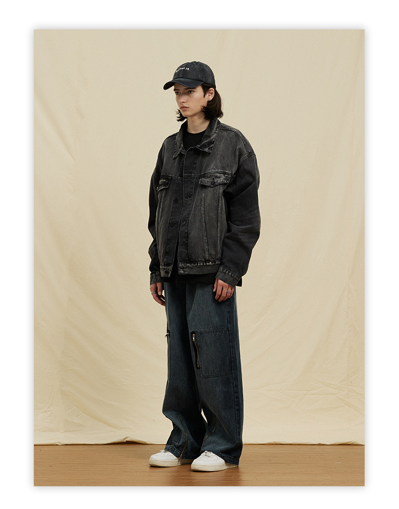 Men's Clothing trendy brand double line washed distressed black denim jacket men and women high street coat_voghion.com