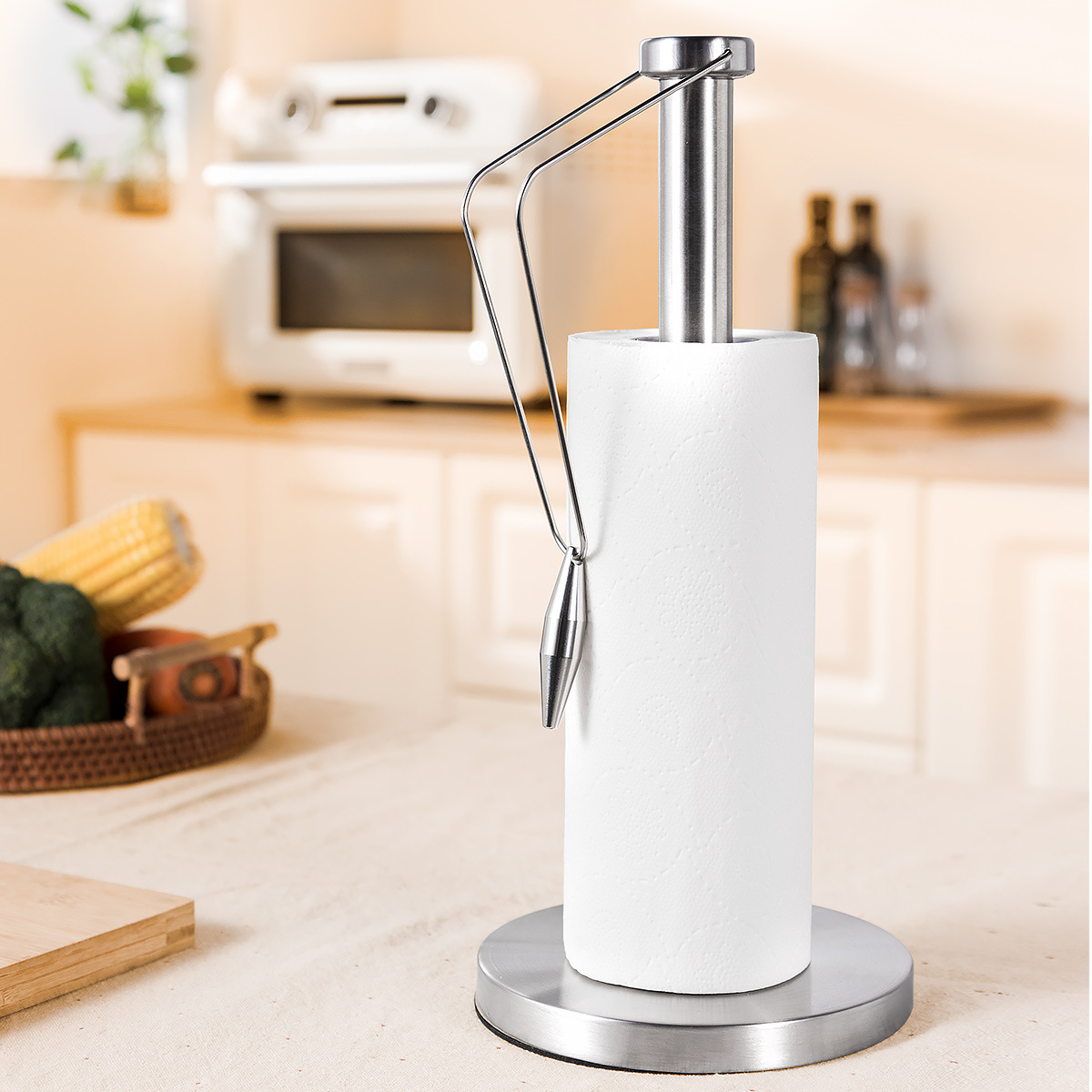 Acero inoxidable transfronterizo cabeza plana horquilla cintura vertical toallitas de cocina sin perforación toallitas de almacenamiento marco de soporte de papel enrollado