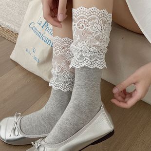 25 New Style Japanese Miscellaneous Stitching Lace Stockings All-Match White Pile Stockings Women's Sweet Ballet Style Mid-Socks Instagram